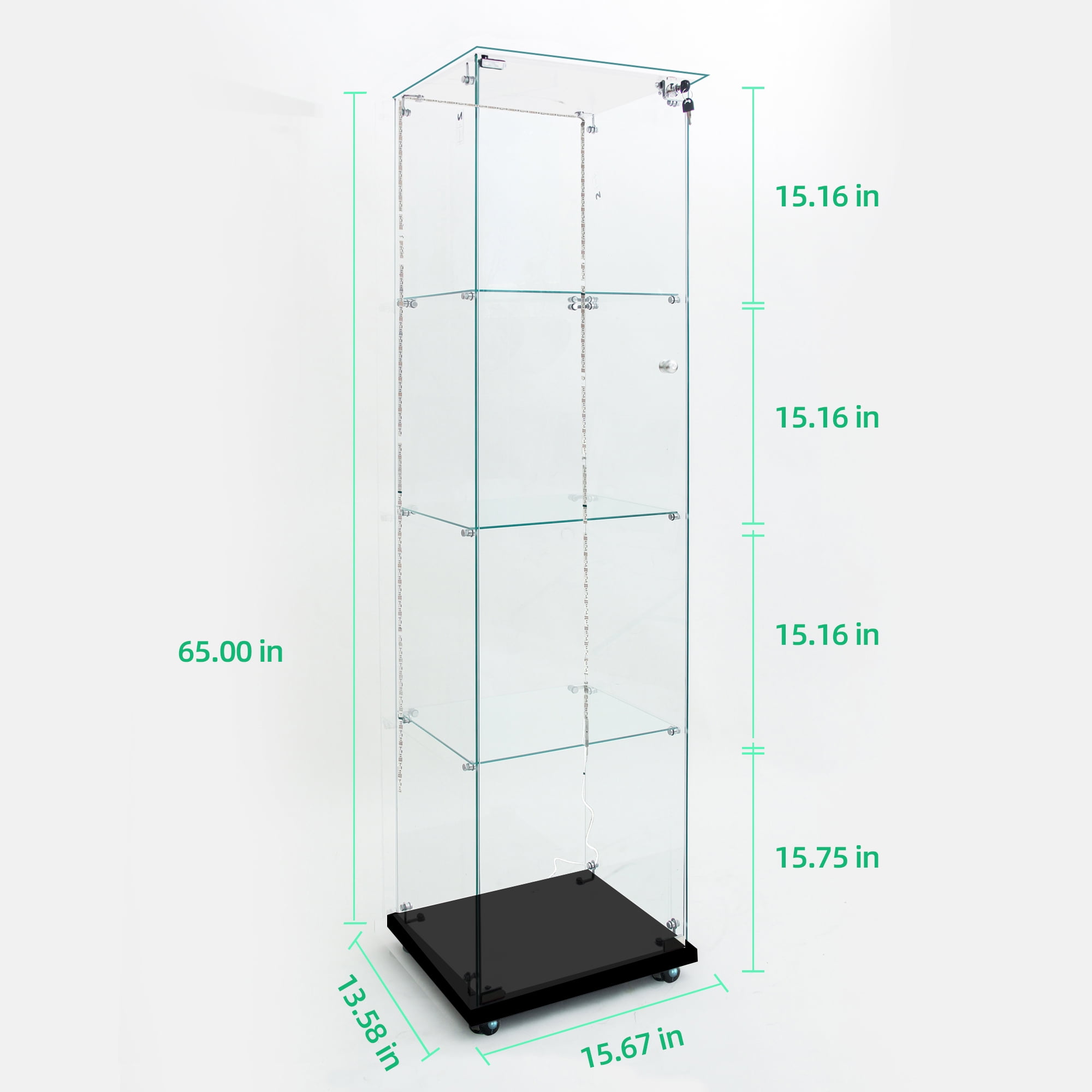 MAYEERTY 4 Tiers Glass Display Cabinet with Bluetooth LED Light Strip, File Storage Cabinet with Door Lock, Tempered Glass Top, Black