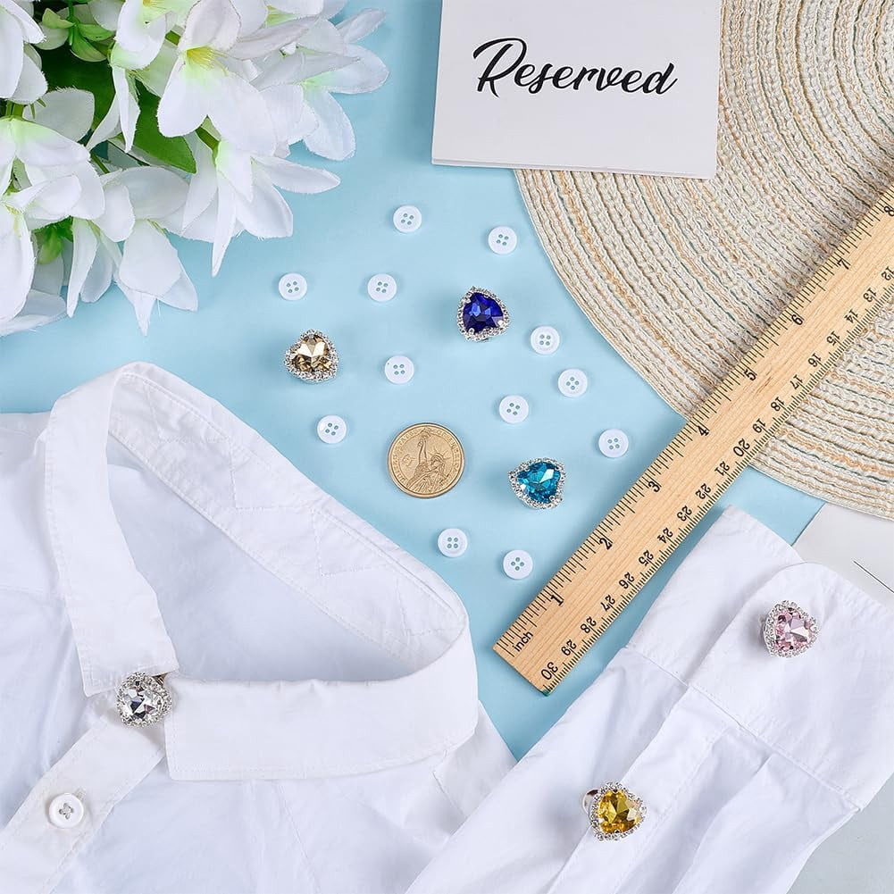 6-Piece Heart Rhinestone Button Covers Mixed Color Detachable Crystal Button Clips with 20 Sewing Buttons for Shirts