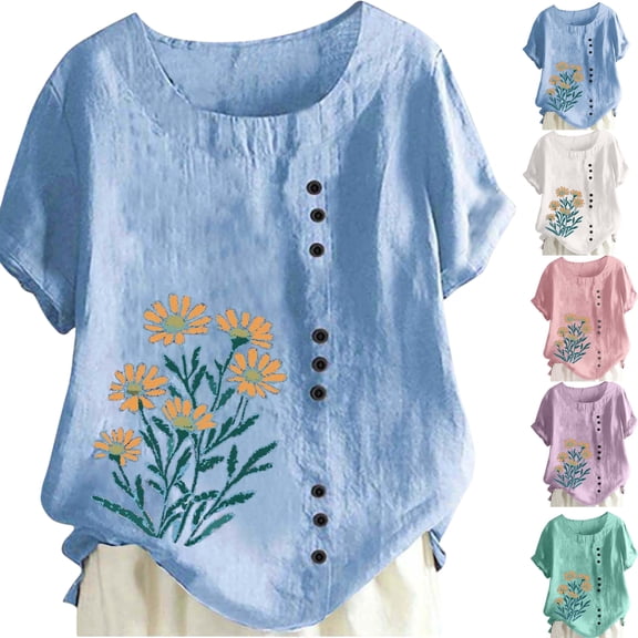 Gamivast Linen Shirt Women Short Sleeve Embroidery Side Button Casual Blouse Loose Dressy Crew Neck Going out Tops Holiday Summer outfits