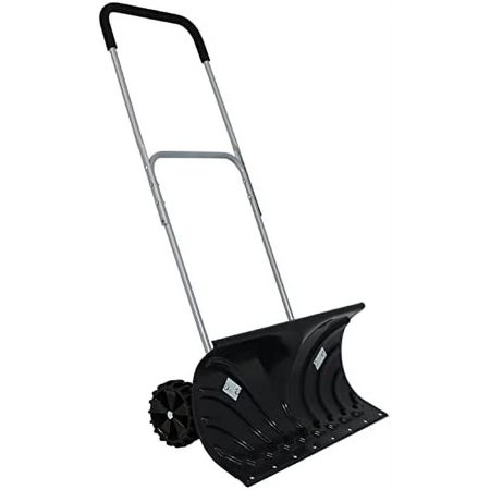 Heavy-Duty Rolling Pusher with 6-Inch Polypropylene Wheels and Adjustable Aluminum Handle - Wheeled Plow-Style Back Saver Shovel - 26-Inch Blade
