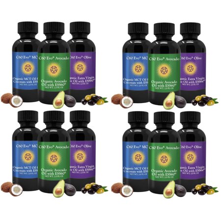 C60 Evo All-Natural Edible Oils, Mini Oil Sampler Set with Pure C60 ESS60, Immune Support and Joint Support Supplement with Olive Oil, Avocado Oil & MCT Coconut Oil, Set of 12, 2 Oz Each