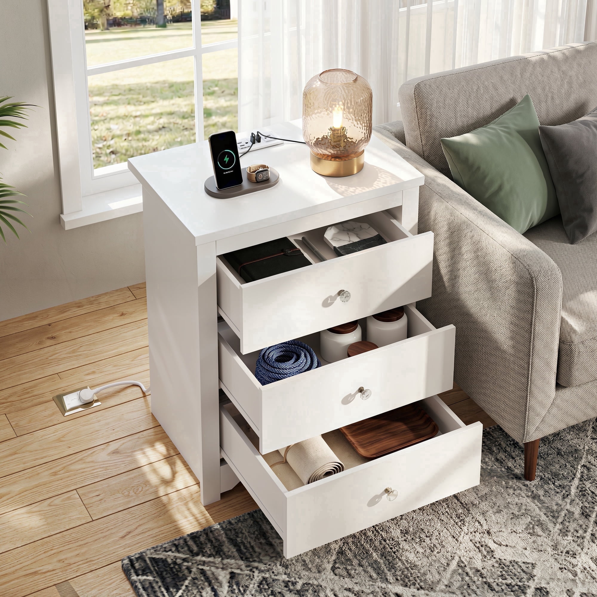 GALAXHERO Tall White Nightstand with Charging Station and 3 Drawers, Wood Bedside End Table with 2 USB Ports & 2 AC Outlets for Bedroom Living Room Dorm