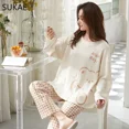 thumbnail image 2 of SUKAE-Conjunto de Pijamas de algodón para Mujer, ropa de dormir informal de manga larga, estilo minimalista, Otoño e Invierno, 2 of 5