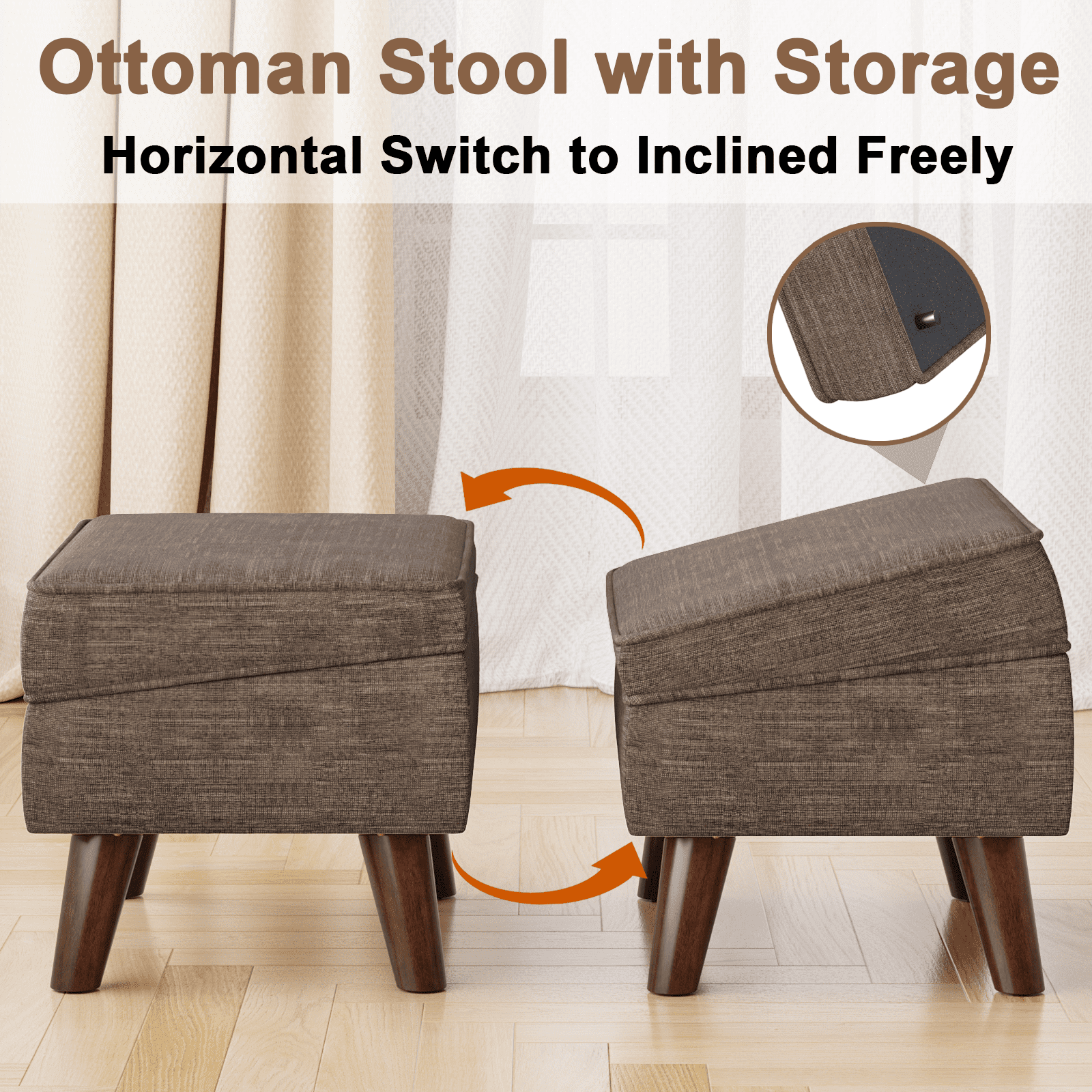 FAGAGA Small Storage Ottoman, Adjustable Foot Stool for Living Room, Step Stool Ottoman with Storage, Upholstered Linen Foot Rest for Bedroom, Dorm | Brown