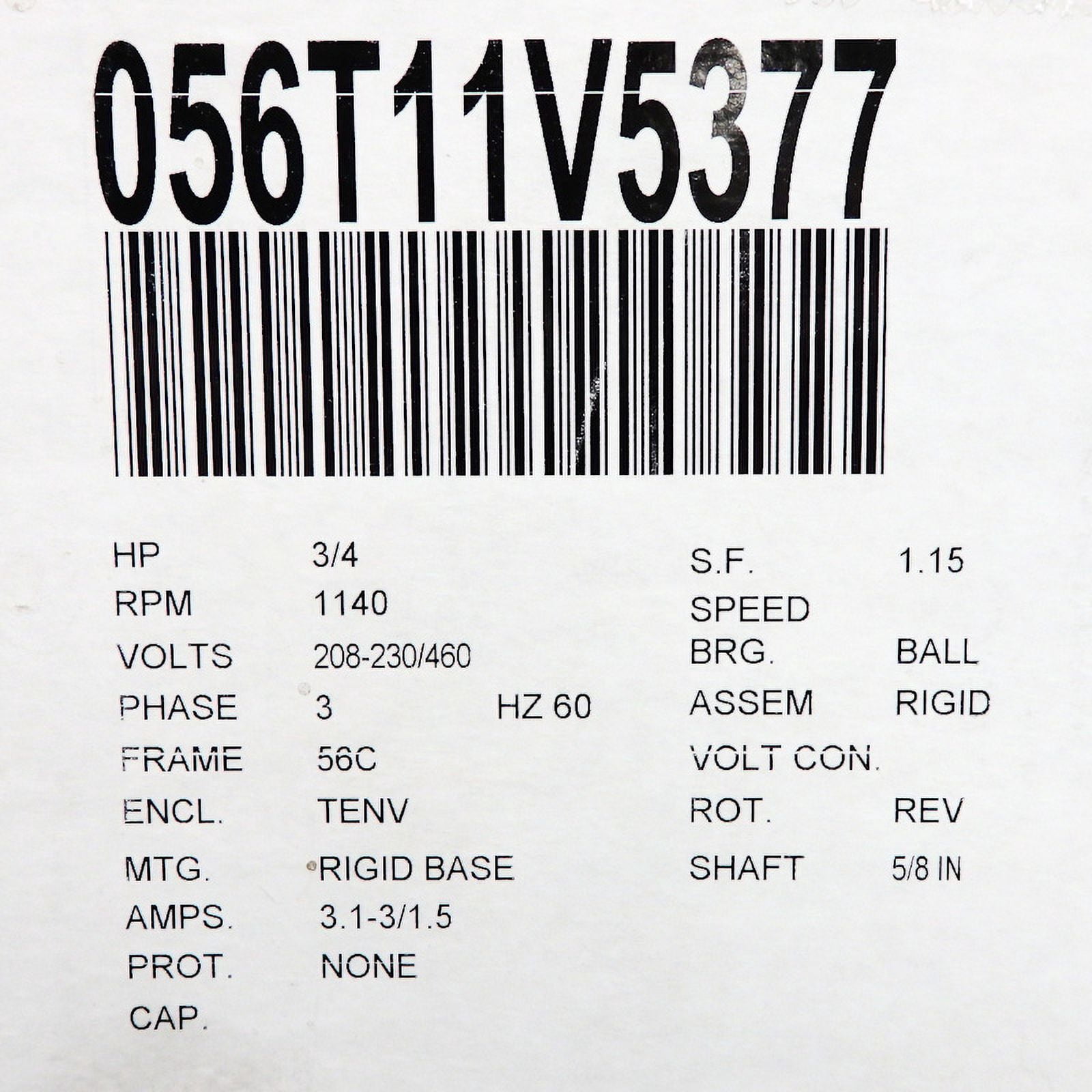 Marathon Motor N600 3/4HP 1200RPM 56C TENV 208-230/460V 3 Phase 056T11V5377