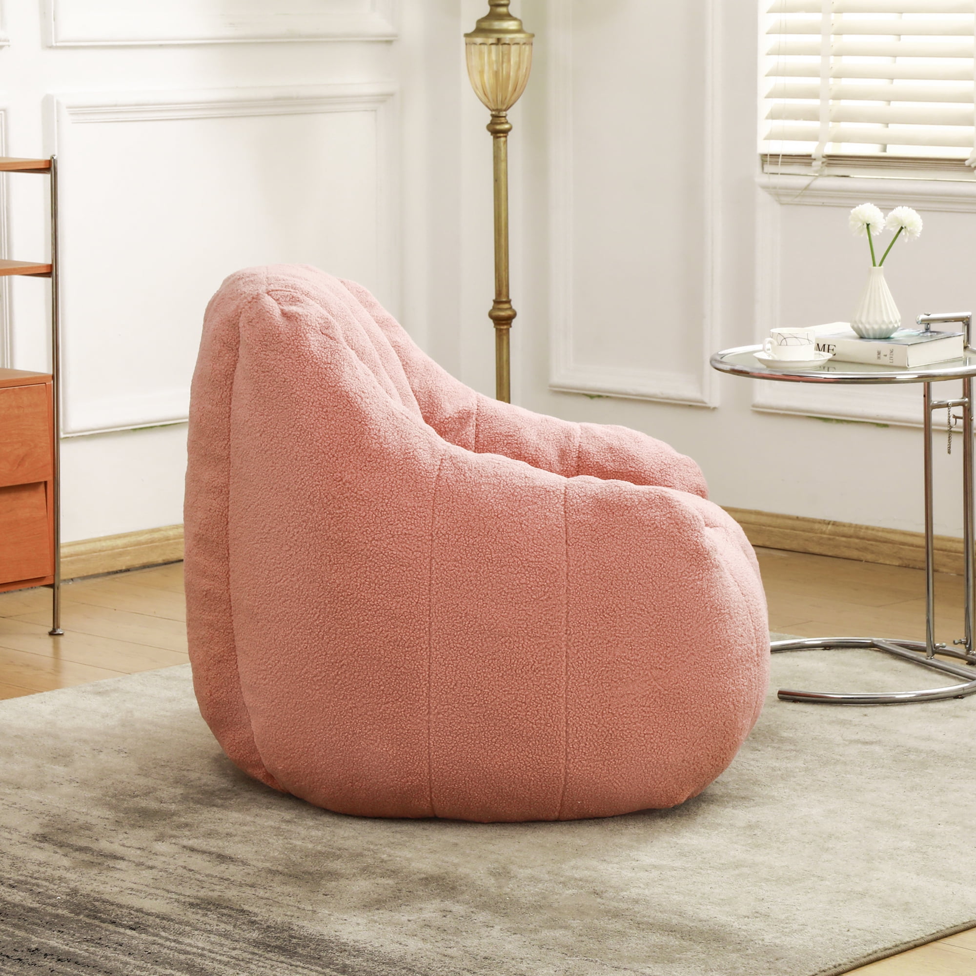 Oversized Bean Bag Chair, Faux Fur Memory Foam Bean Bag Sofa with Tufted Design and High-Density Filling, Large Fluffy Floor Chair for Living Room, Dorm, Game Room, Pink