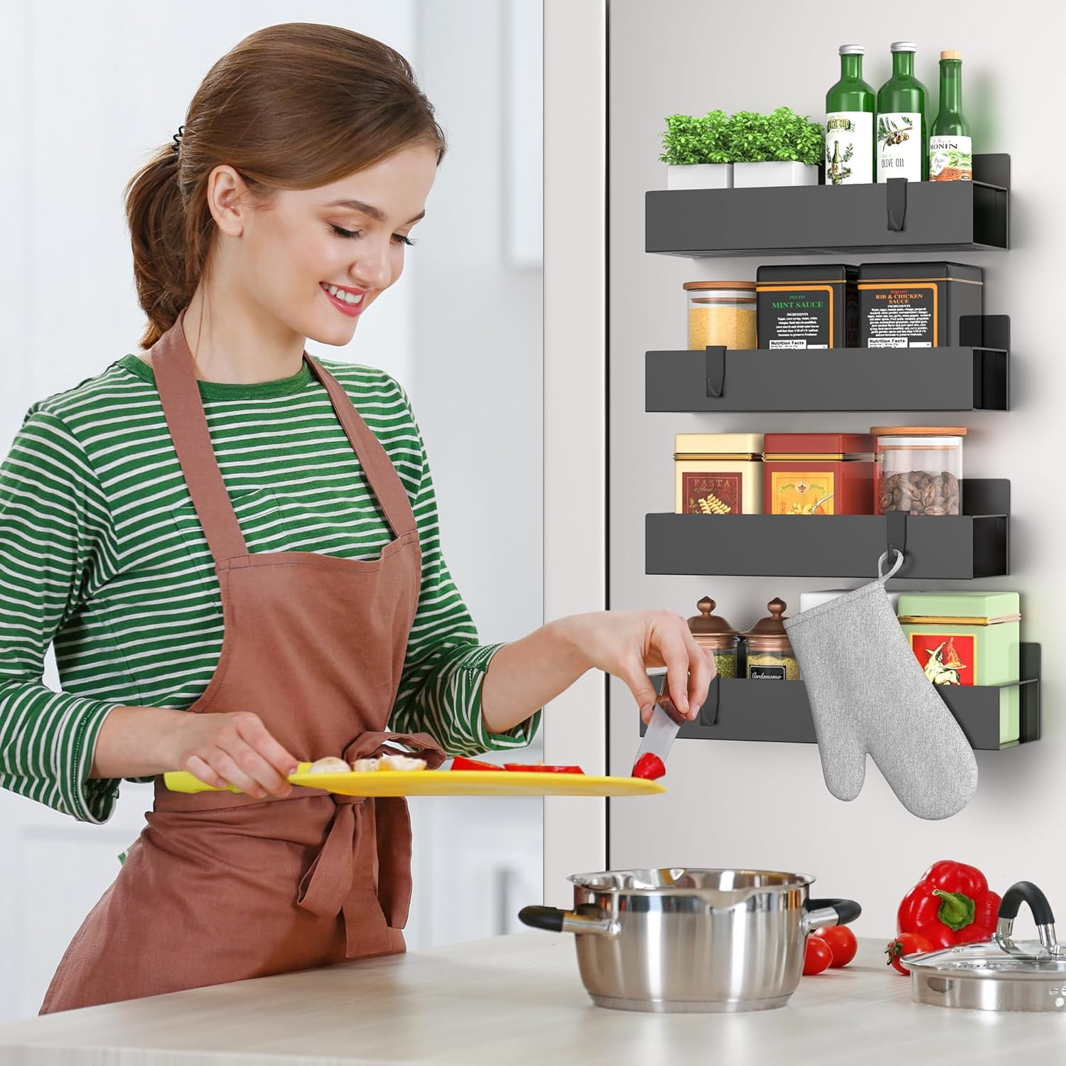 BAODELI 6 Pack Magnetic Spice Rack Organizer Storage for Refrigerator and Oven, Fridge Organizers and Shelf