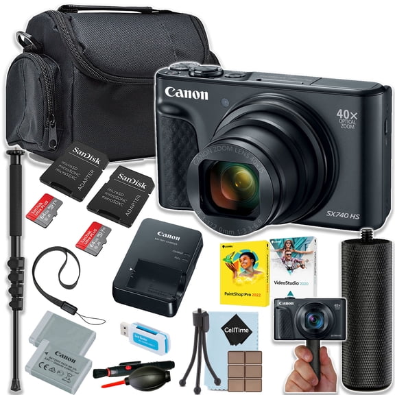Canon PowerShot SX740 HS Digital Camera (Black)   2pc 64GB Ultra Memory Card   Monopod   More (15pc Bundle) (International Version)