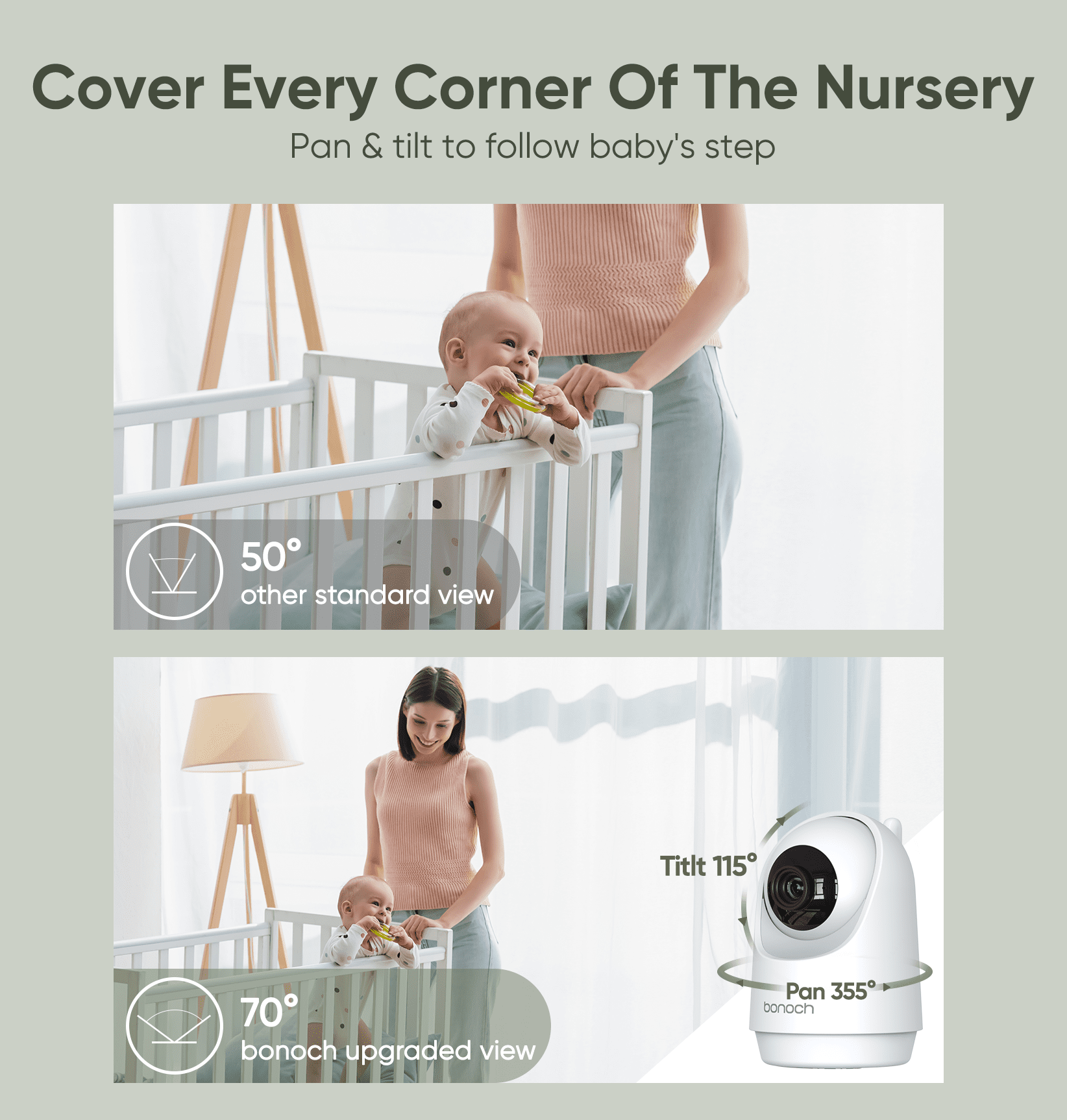 bonoch 7" 720P Baby Monitor with 2 Cameras HD LCD Split Screen Video Audio No WiFi Auto Night Vision