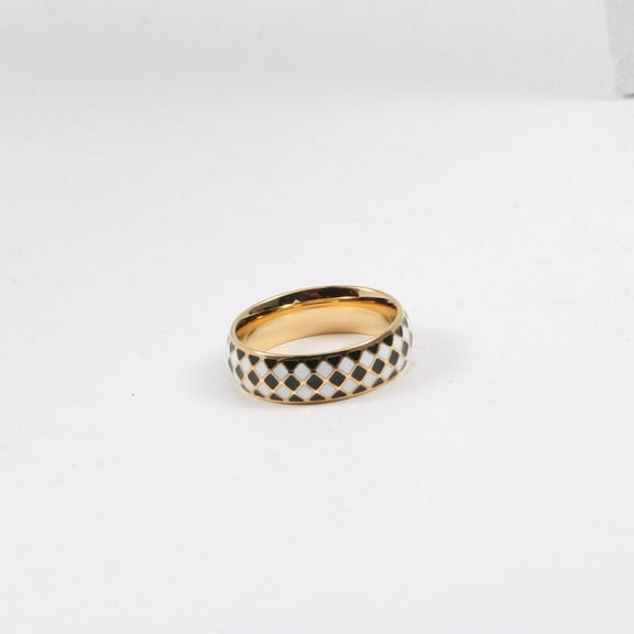 Women's Titanium Steel Ring Diamond Checkerboard Black and White Drip Design Geometric Ring Fashion Jewelry Gift for Her Gold Band Ring
