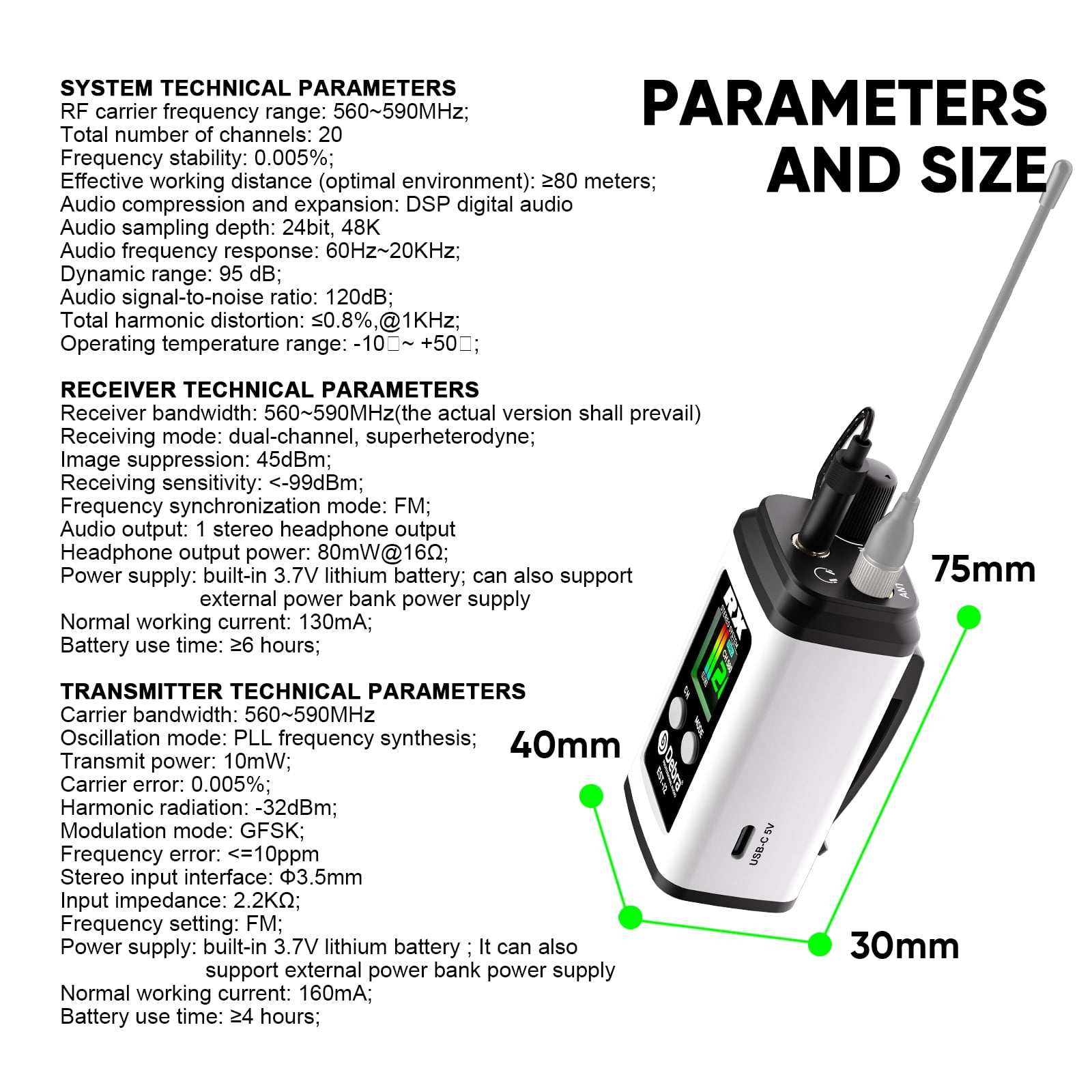 D Debra Audio PRO EST-12 UHF Stereo Mini Wireless In-Ear Monitor System, with Rechargeable Lithium Battery Monitor Type for Stage, Band, Studio, Musician, Monitor (1 Transmitter & 1 Receiver)