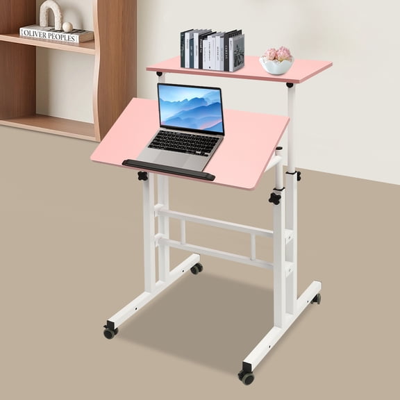 Peakora Mobile Stand up Desk, Small Adjustable Standing Desk with Wheels Home Office Workstation, Portable Rolling Desk Laptop Cart for Standing or Sitting, Pink