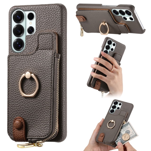 Funda FOXDOCK para Samsung Galaxy S26 Ultra Diseño con anillo, soporte, almacenamiento y protección RFID-gris plateado