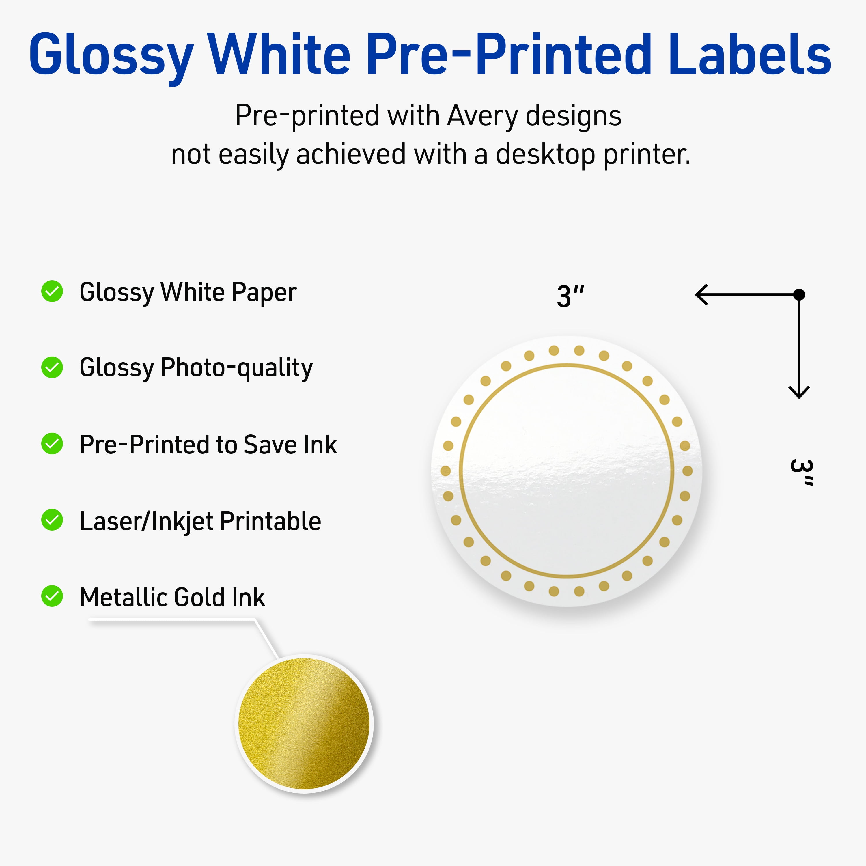 Avery 3" Diameter Labels, Gold Border with Gold Dots, 60 ct, Glossy, Gold Border with Gold Dots