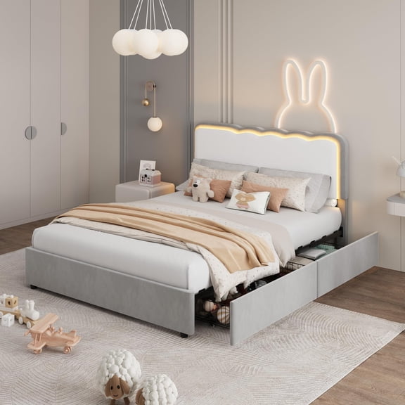 Kids Upholstered Bed with LED Headboard & Storage Drawers. Bed Frame Velvet Platform Bed for Girls Bedroom