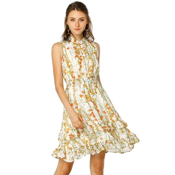 Mini Vestido Floral De Gasa Con Volantes En Niveles Cintura Fruncida A-Línea Para Mujeres Blanco M
