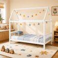 thumbnail image 5 of SESSLIFE Twin House Bed for Kids, Solid Wood House Bed Frame for Boys and Girls, Toddler-Friendly Design with Safety Guardrails, Sturdy Platform Support, No Box Spring Needed, 250 lbs, White, 5 of 9