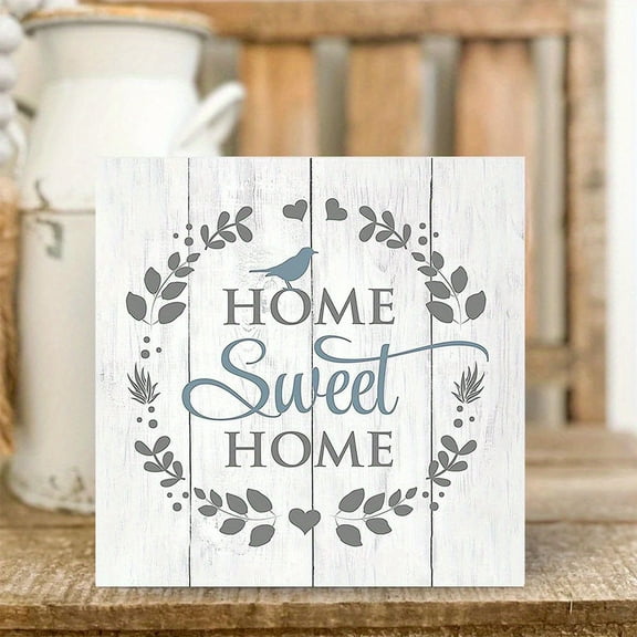 Wood Box Sign "HOME Sweet HOME" with Floral Wreath & Bird Design - 5x5 Inch Farmhouse Wall Decor, Decoration for Living Room, Entryway, Kitchen, Rustic Home Decor, Kitchen Decoration