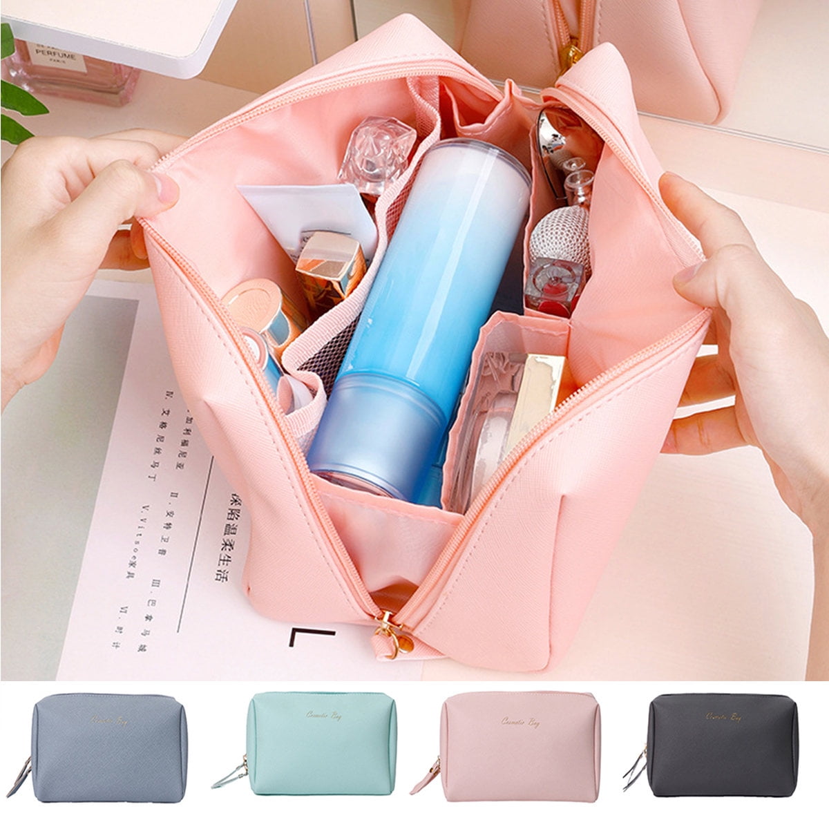 Portable Cute Small Travel Colorful Mirror Makeup Bag Cosmetic Organizer Tote Bag for Kids Women Toddler Teens Little Girls