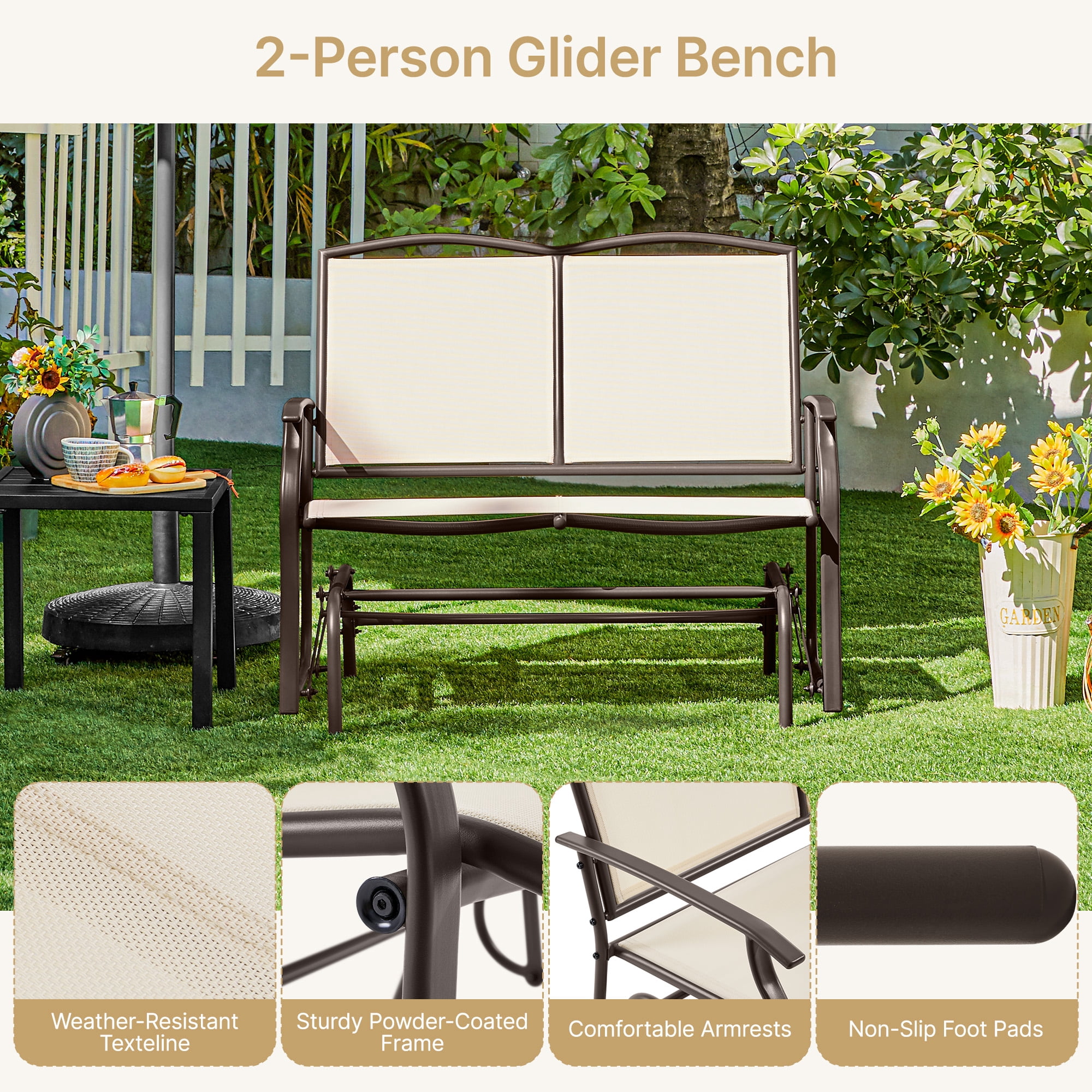 Alden Design 2-Person Patio Swing Glider Bench Weather-resistant Texteline for Outdoor, Beige