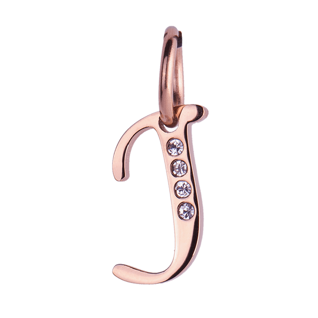 Charm para Pulsera LuckyLy, Dije Inicial Letra A, Acero Inoxidable con Baño de Oro Rosa 18k y Zirconia Cúbica, Modelo Lizzy rosa Letra J