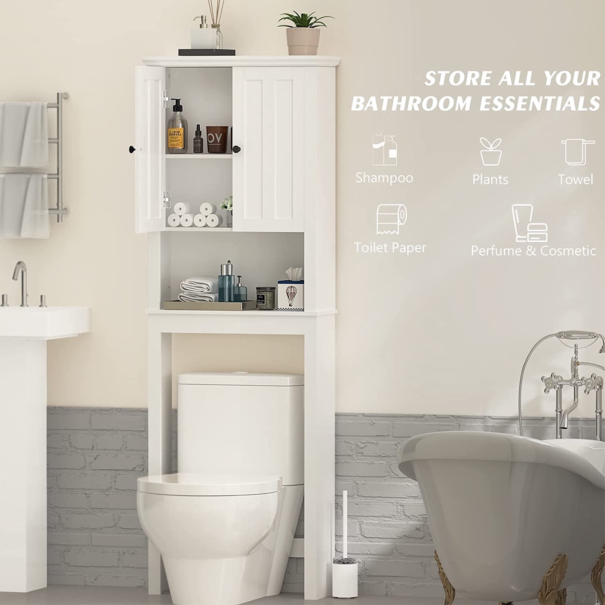 PAPROOS Over the Toilet Storage Cabinet, Bathroom Space Saver Organizer above Toilet with Adjustable Shelf and 2 Doors, White #2