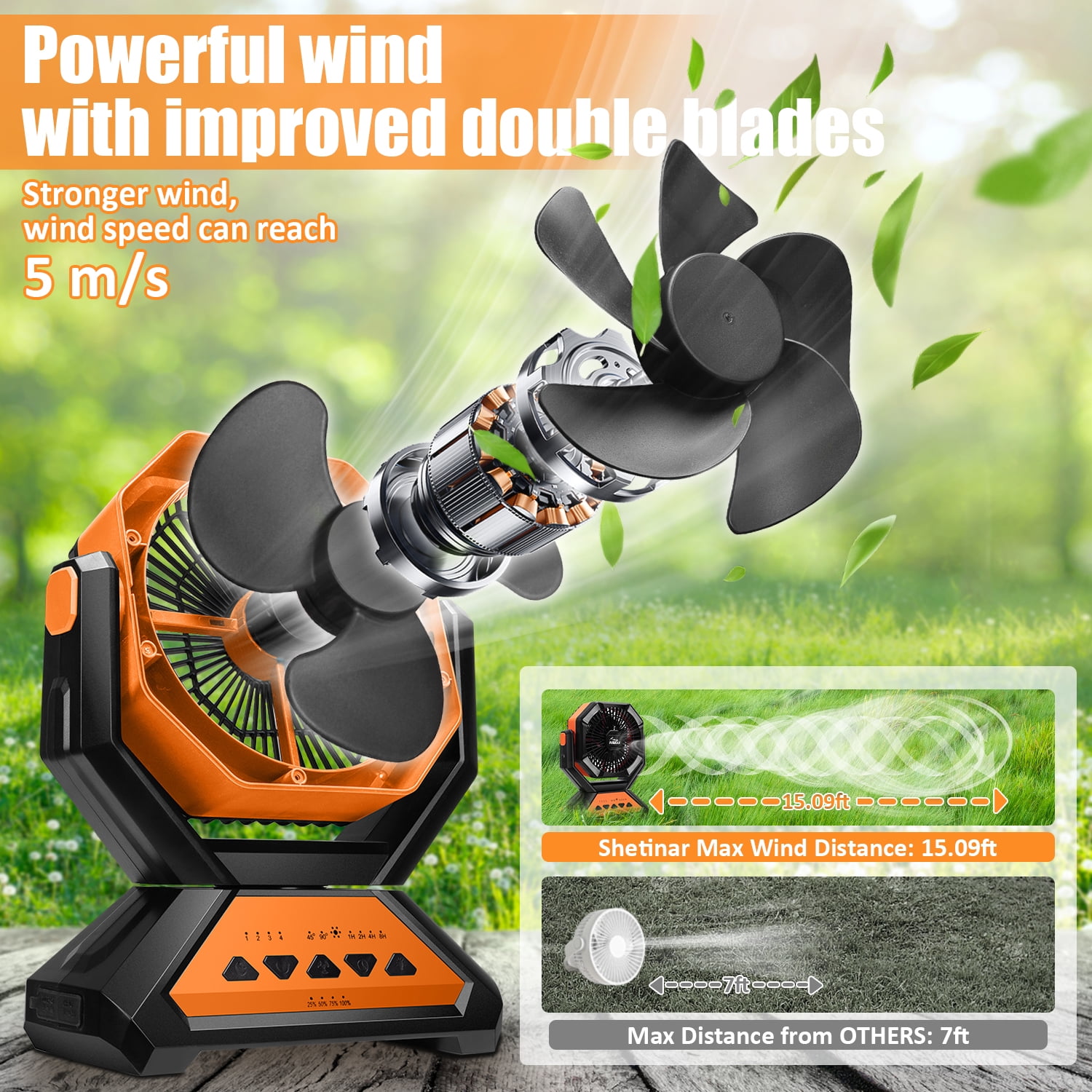 SHETINAR 20000mAh Camping Fan Battery Powered Fan 4-Speed Tabletop Fan with Charging, Hooks, Timer, Portable Fan for Office,Bedroom,Outdoor,Power Outage,Hurricane,Travel.Orange