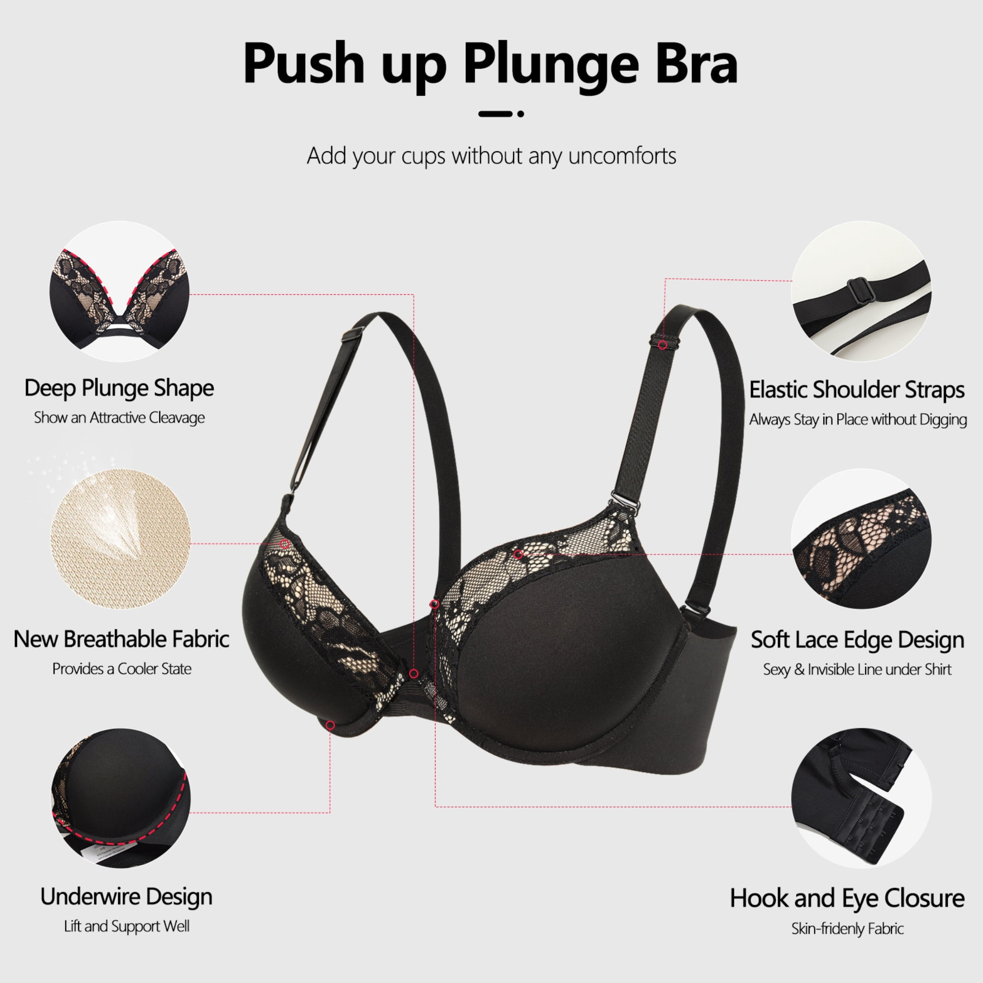 YANDW Push-up Padded Bras for Women Plunged Underwire Support Bra Add One Cups, Black 36A