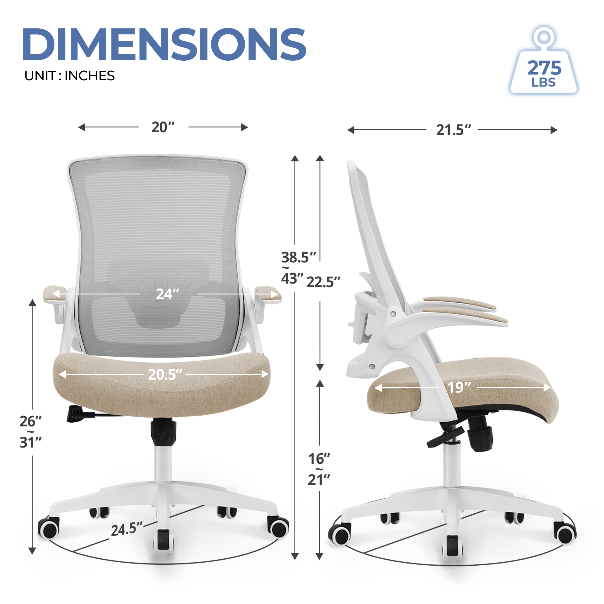 CELTOSS Ergonomic Office Chair, Wide Seat with Flip-Up Armrests, Lumbar Support, Adjustable Height, Comfy Home Task Computer Chair, Beige