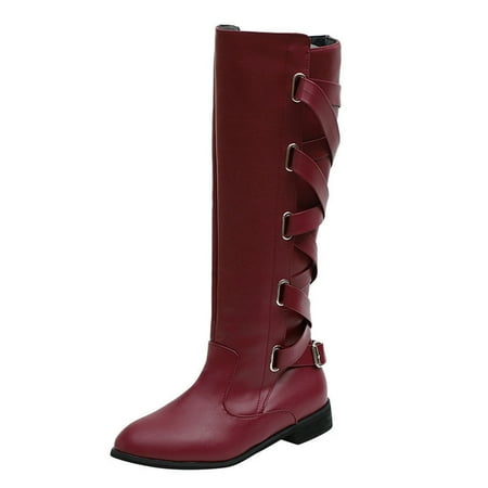 

Wesracia Boots For Women Winter Boots Long Boots Knee-High Heel Boots For Women s Flat Mid-calf Boots Retro Shoes Leather Warm Boots