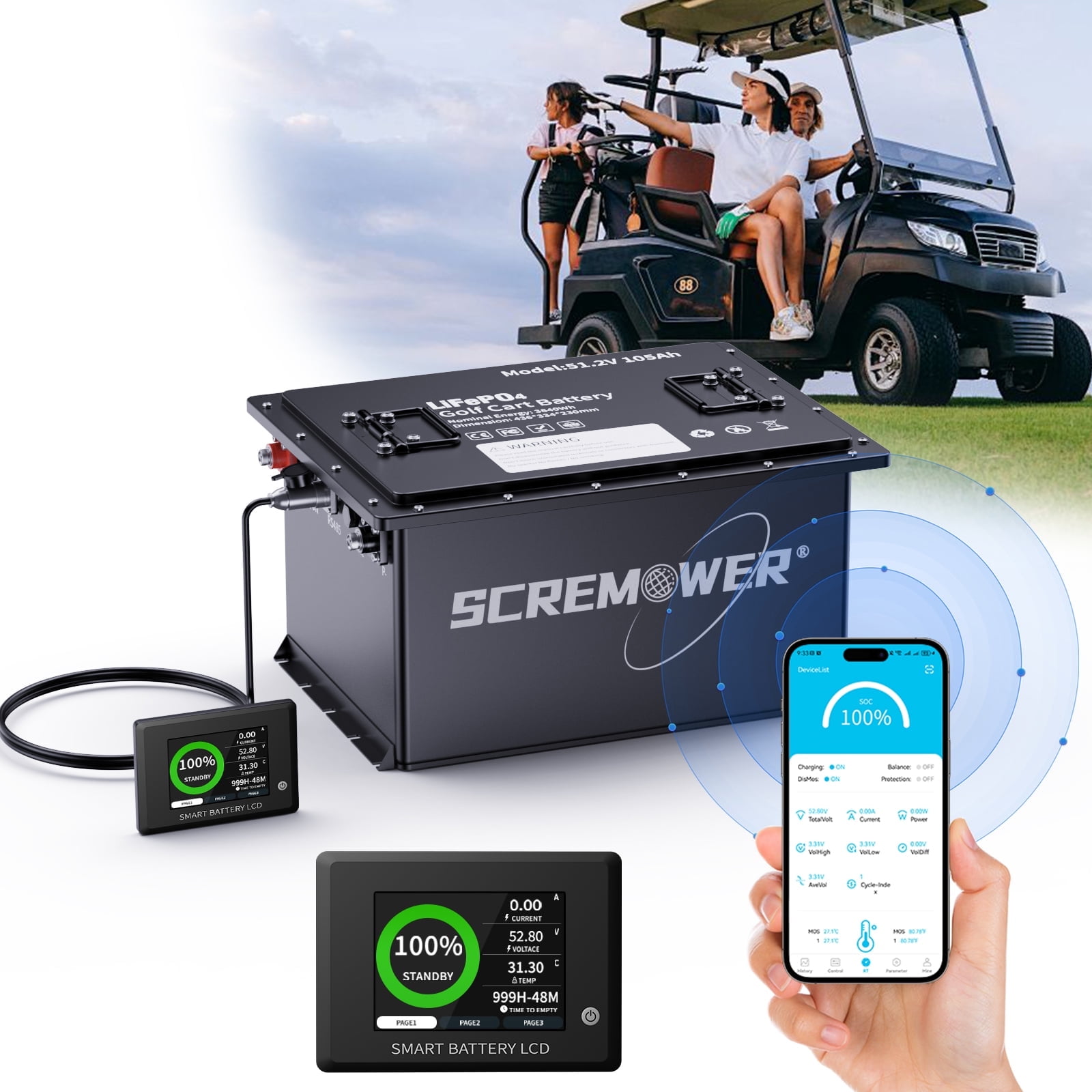 48V 105Ah Bluetooth Lithium Golf Cart Battery, 200A BMS with Monitor & APP, Deep Cycles LiFePO4 RV Batteries,10.24kW Power Output