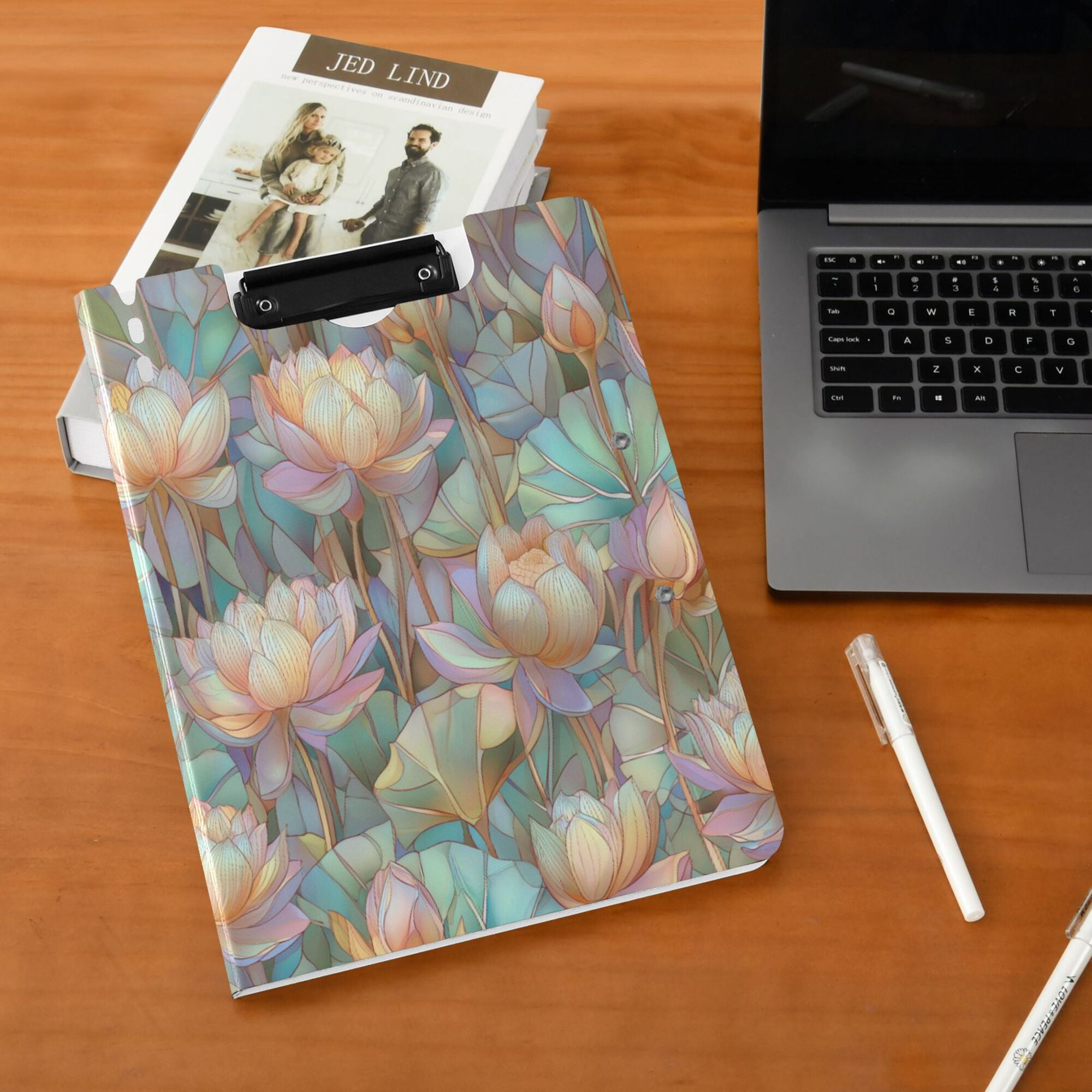 FORMRS A4 Clipboard Folder with Pen Holder Horizontal Foldable School Office Binder, Colorful Water Lilies Pattern