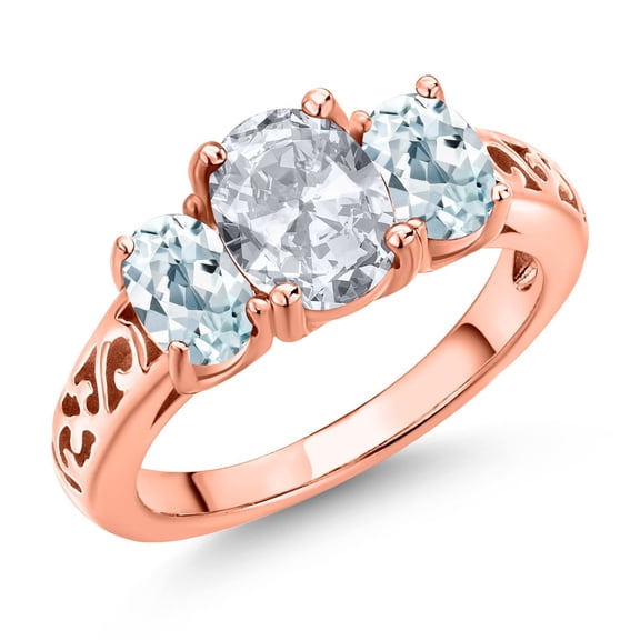 Gem Stone King 18K Rose Gold Plated Silver White Topaz and Sky Blue Aquamarine Filigree Style 3 Stone Ring for Women (2.50 Cttw, Oval 8X6MM and 6X4MM) (Size 6)