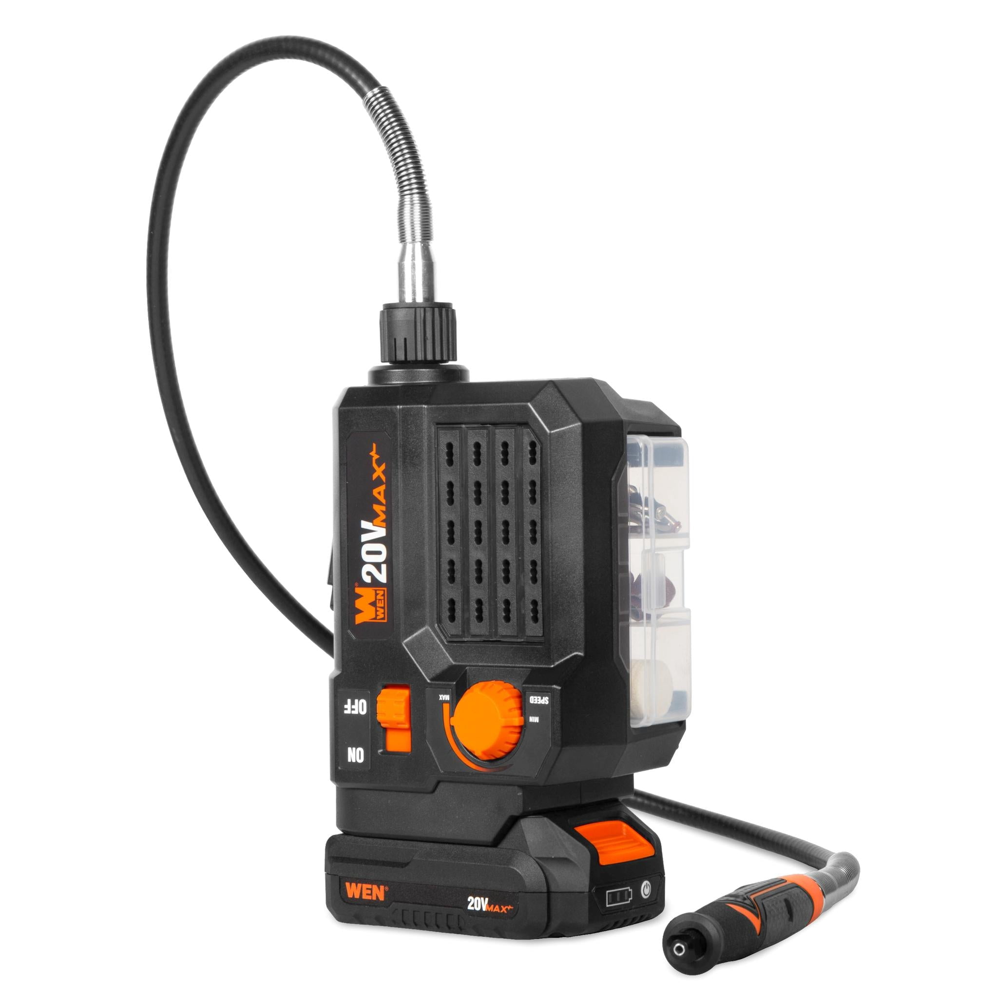 WEN 20923 20V Max Cordless Variable Speed Rotary Tool Station with Flex Shaft, 40 Accessories, 2Ah Li-Ion Battery, and Charger
