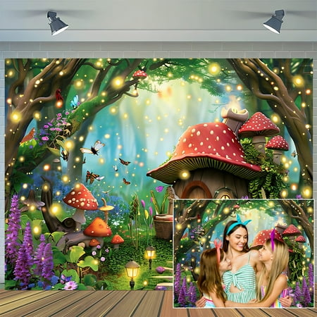 Image of Mushroom Forest Backdrop 12 x 10 ft Enchanted Fairytale Forest Background Kids Magic Forest Jungel Woodland Photography Backdrop Banner for Baby Shower Birthday Party Photo Props Decor