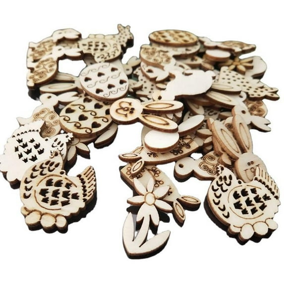 100pcs Happy Easter Rabbit Eggs Wood Chips Carved Embellishment Hanging Ornament
