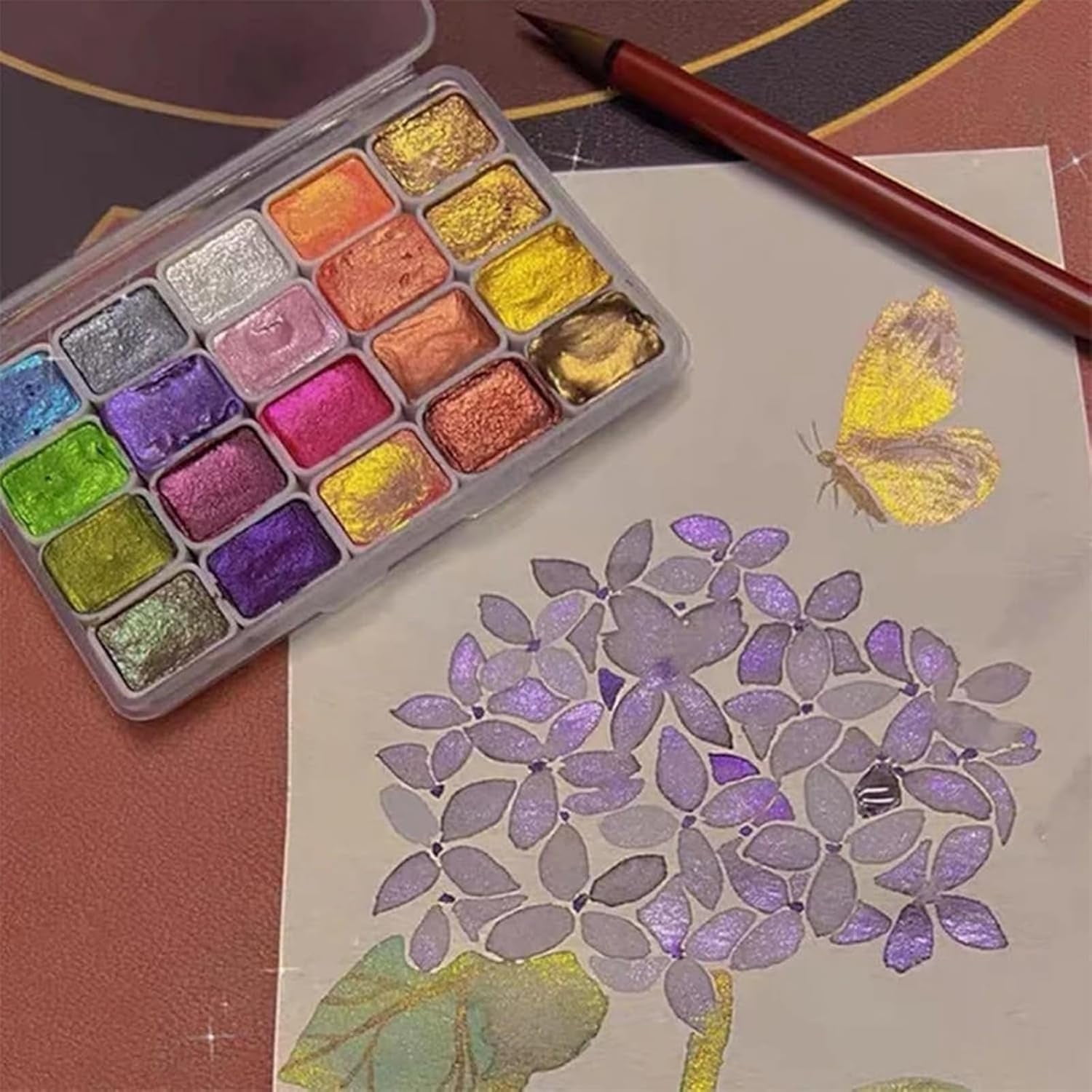 Caedrea Kolor-Ful - Powder Mineral Pearl Pigment Art Watercolor, Forestry Color Shifting Watercolor Paint, 20/24 Colors Shimmer Metallic Colourful Paints Set with Pen for Beginner