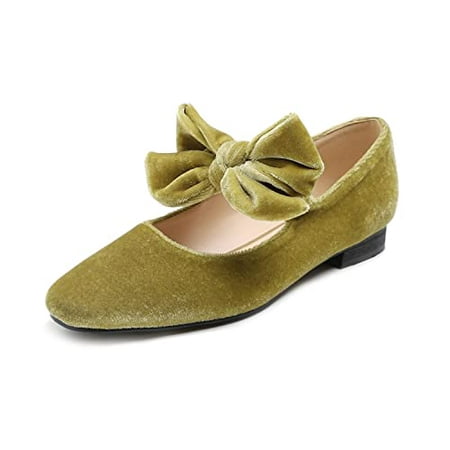 

Feversole Women s Mary Jane Fashion Square Toe Easy Buckle Low Heel Slip On Flats Green Velvet Bow Tie Size 8.5 M US