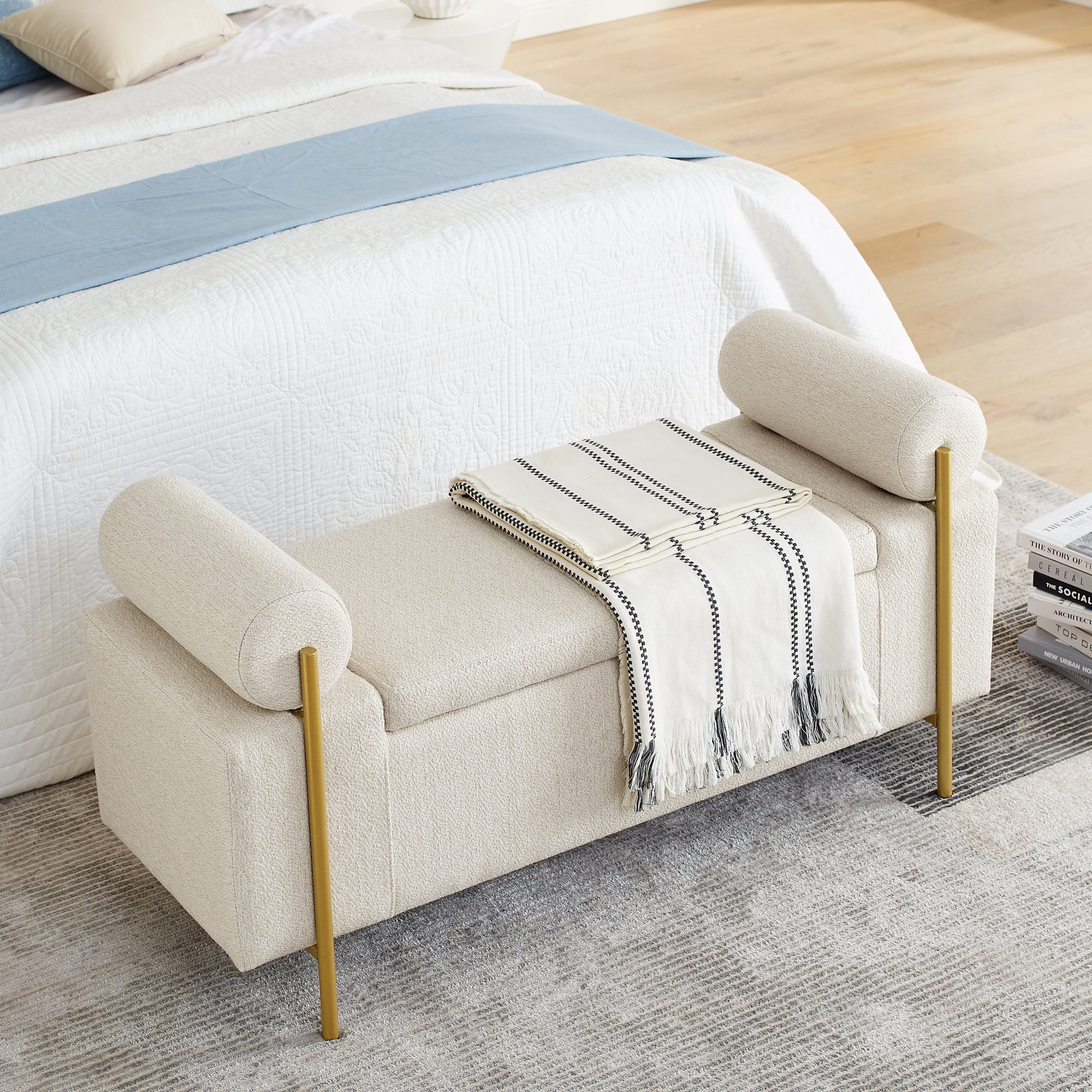 Gewnee Multifunctional Storage Bench - Soft Linen Cushion, Sturdy Iron Legs, Beige - Ideal for Window Seats & Ottomans
