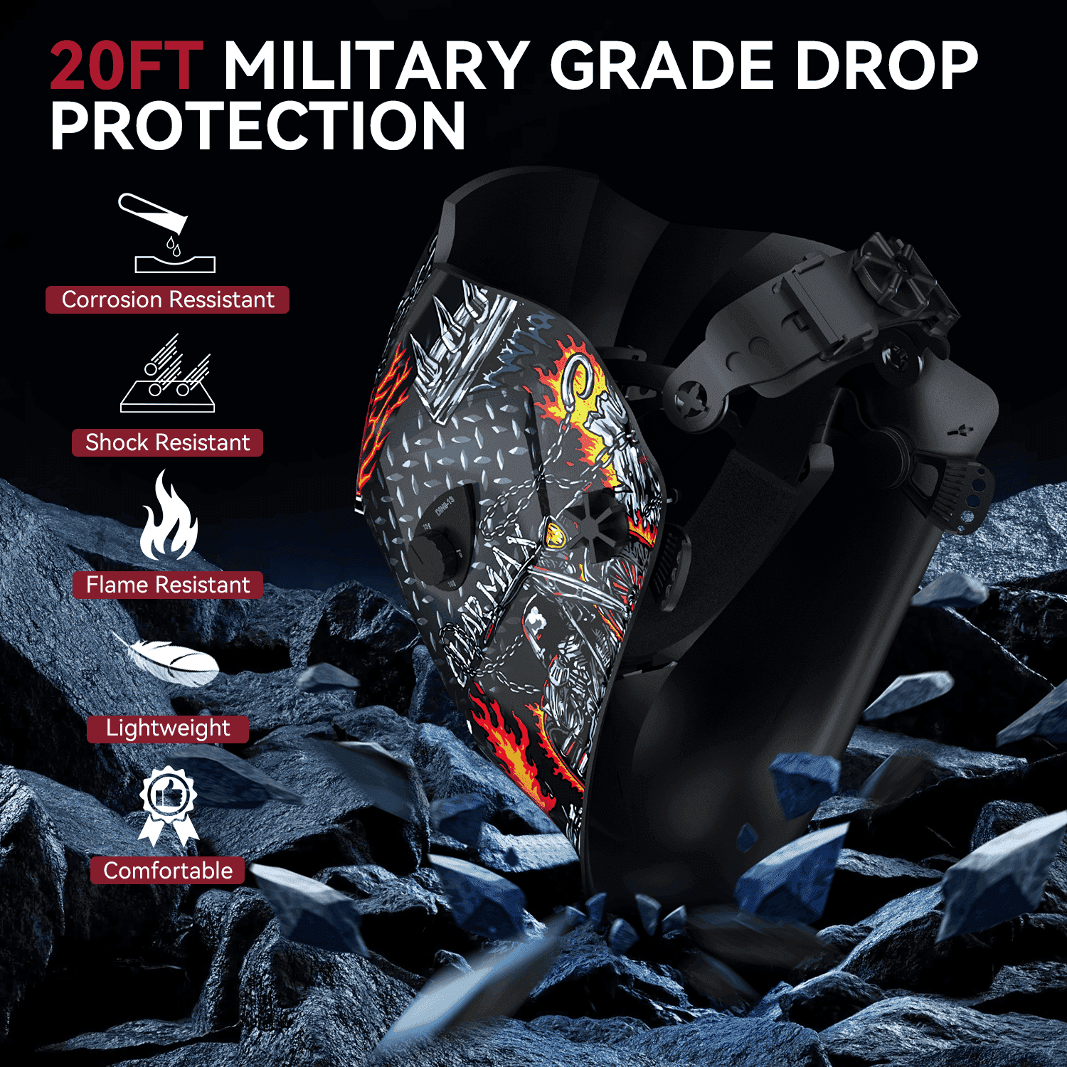 ARCCAPTAIN Auto Darkening Welding Helmet, 1/1/1/1 True Color Optical Clarity, 4 Arc Sensors 1/25000s Response, Solar Powered, Wide Shade 4/9-13, for TIG/MIG/ARC, Skeleton Knight Design