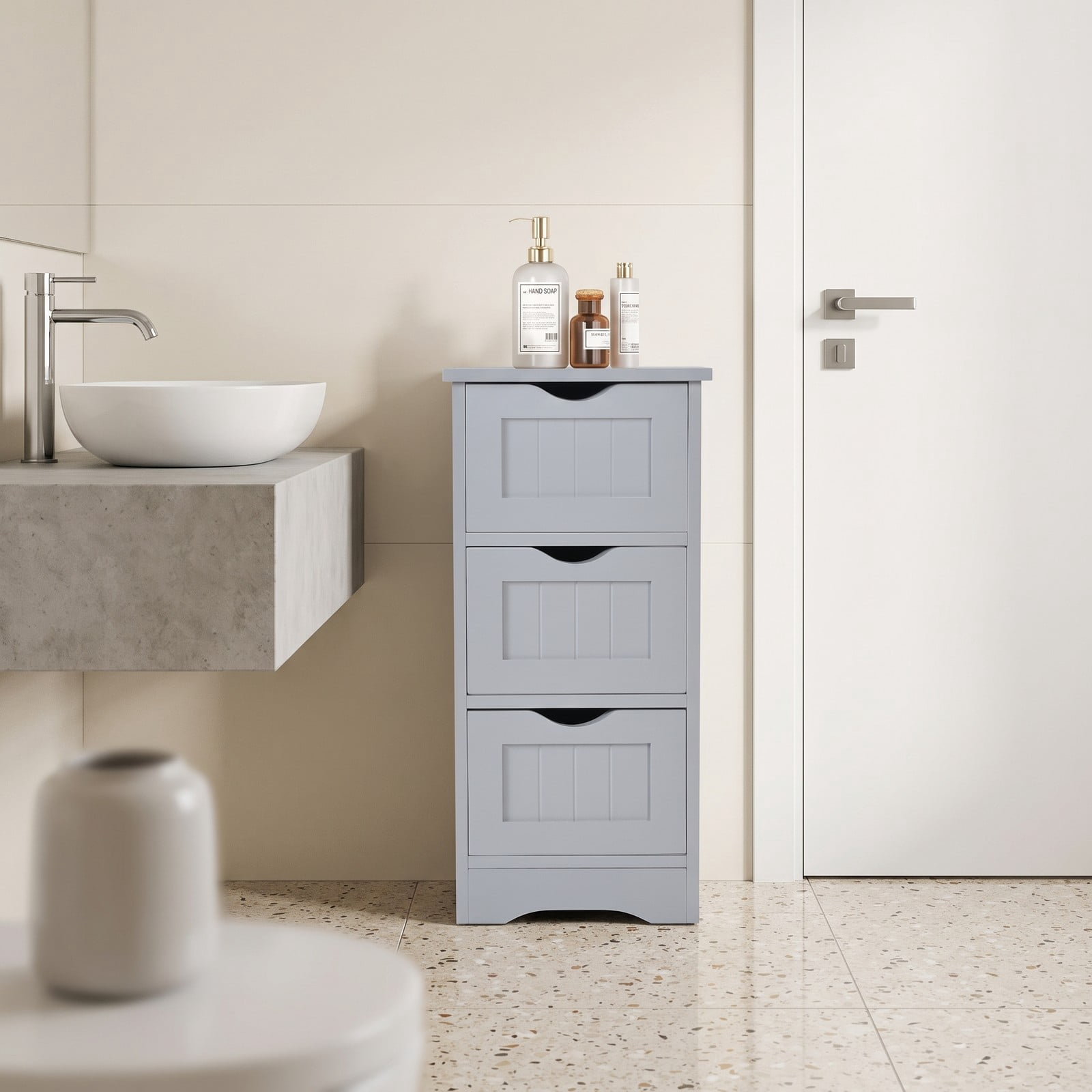 Fenbeli Freestanding Bathroom Floor Cabinet with 3 Drawers, Slim MDF Storage Organizer Tower for Small Bathroom, Bedroom, Entryway, Space-Saving Side End Table, Gray
