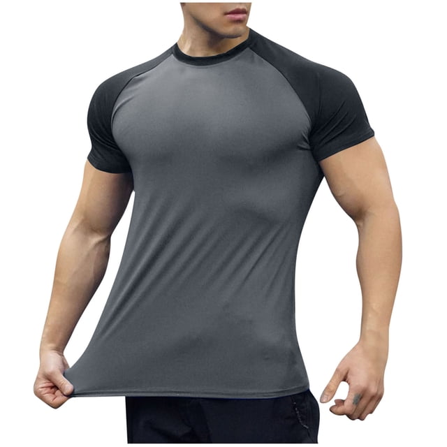 Gym Muscle Cut Raglan Shirts for Men Short Sleeve Sweat Workout T-Shirts Quick Dry Stretchy Fitness Athletic T-Shirts