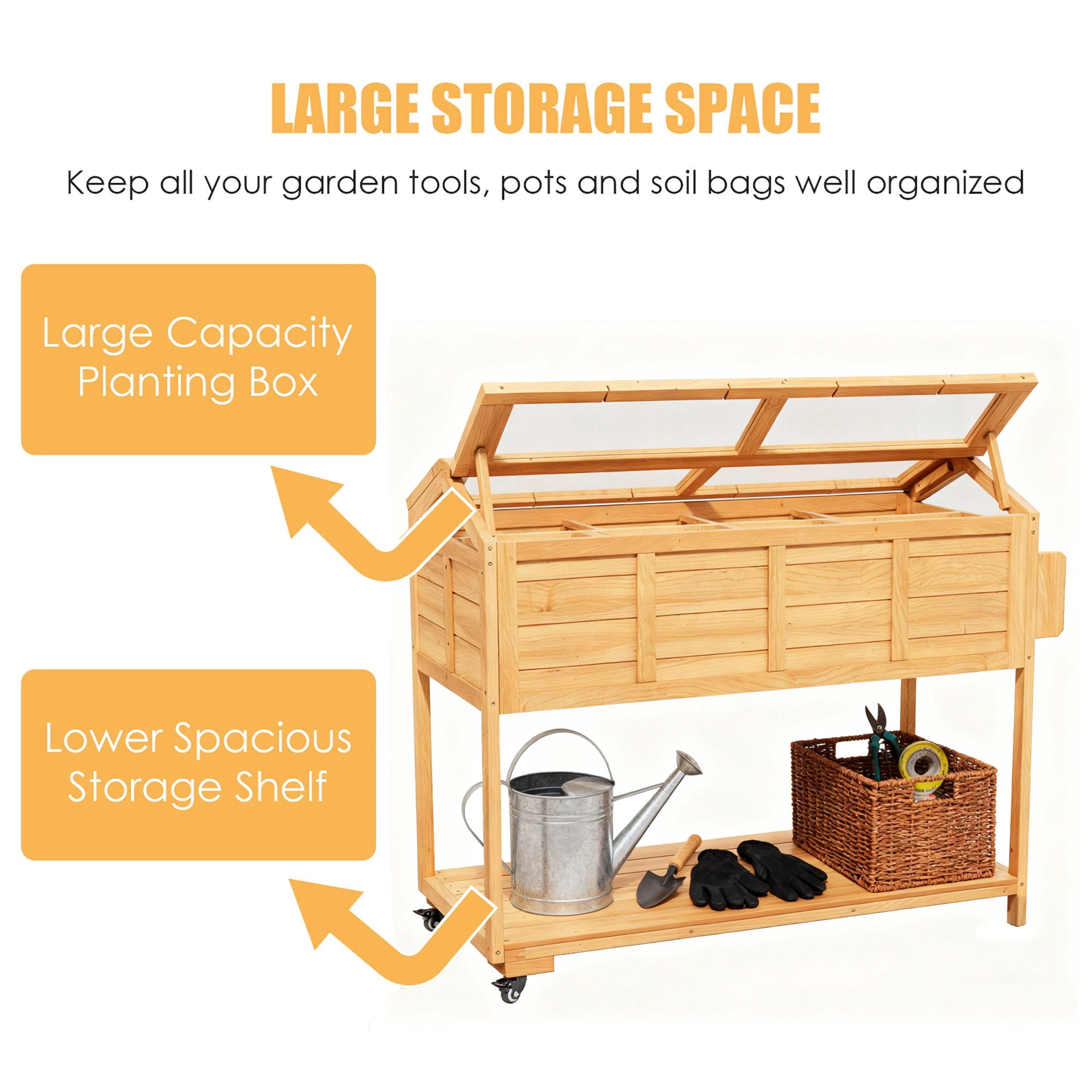 Raised Garden Bed with Wheels, Cover & Storage Shelves - Elevated Planter Box