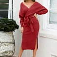 thumbnail image 6 of Fewfanhot Fall Wedding Guest Dresses for Women V Neck Sweater Dresses Batwing Long Sleeve Backless Bodycon Long Dress with Belt, 6 of 8