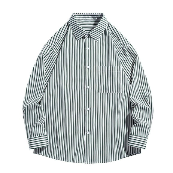 Stripe Shirts for Men with Pocket Long Sleeve Button-Down Collar T-Shirts Mens Casual Slim-Fit Lapel Office Work Tees Tops