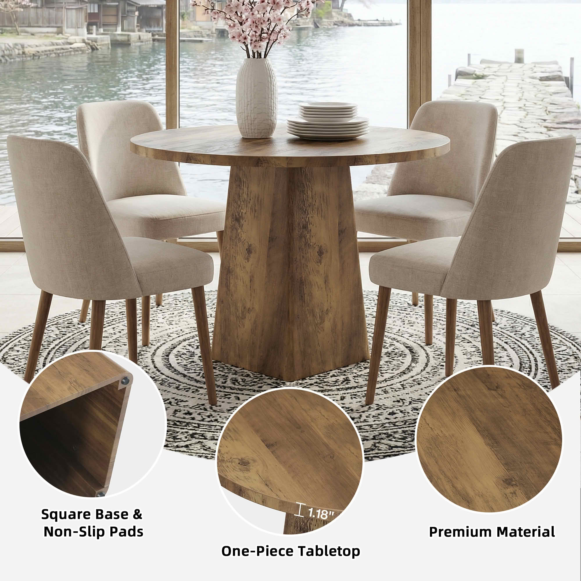 MAYEERTY 31.5 Inch Round Farmhouse Dining Table, Kitchen Dinner Table with Square Base for 2 to 4 People