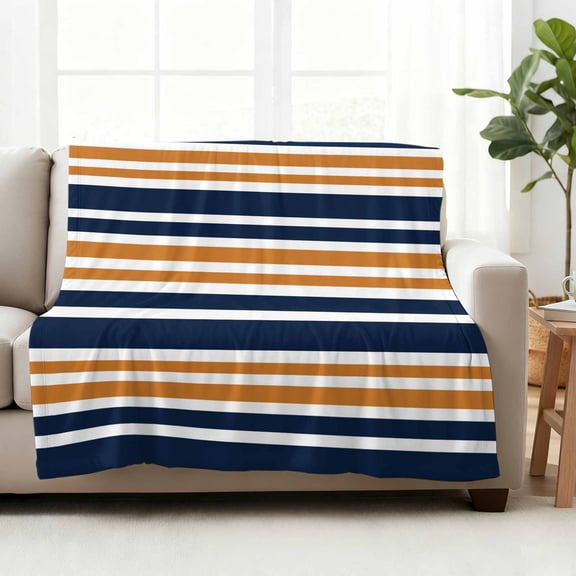 Fleece Blanket Orange Navy Blue Stripe Line Blankets,Soft Cozy Warm Flannel Throw Blanket,Blanket for Bed Couch Sofa 50x60in
