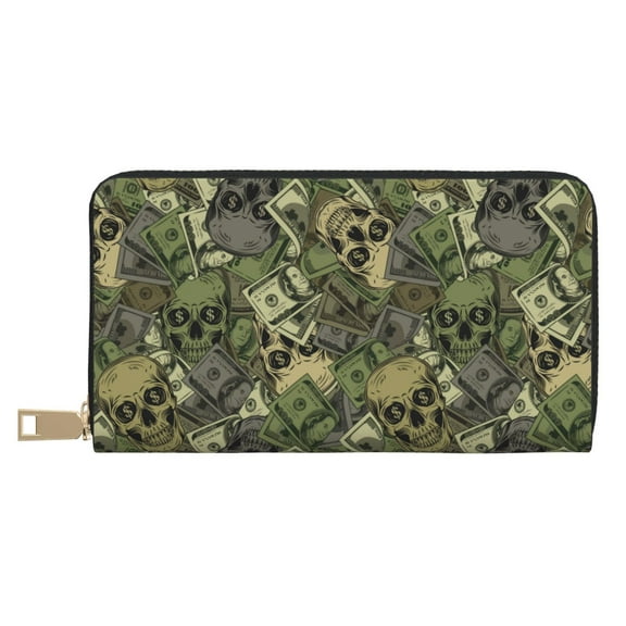 Leather Thin Slim Wallets for Women Men - Green Skulls Clutch Card Wallet for Women Men with Zipper