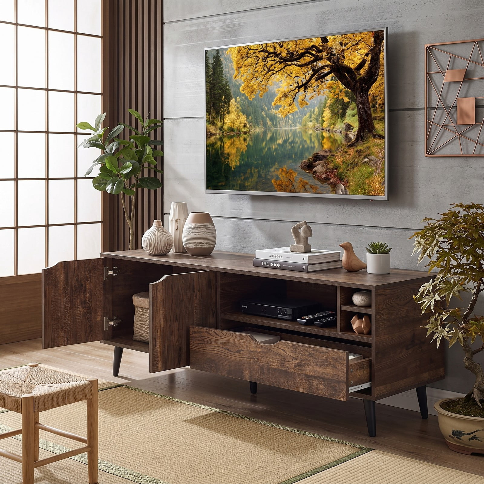 Furnibear Rustic TV Stand for TVs up to 65 Inches, Farmhouse Entertainment Center with 2-Door Cabinet, Storage Drawer and Open Shelves, Wood Media Console for, Brown