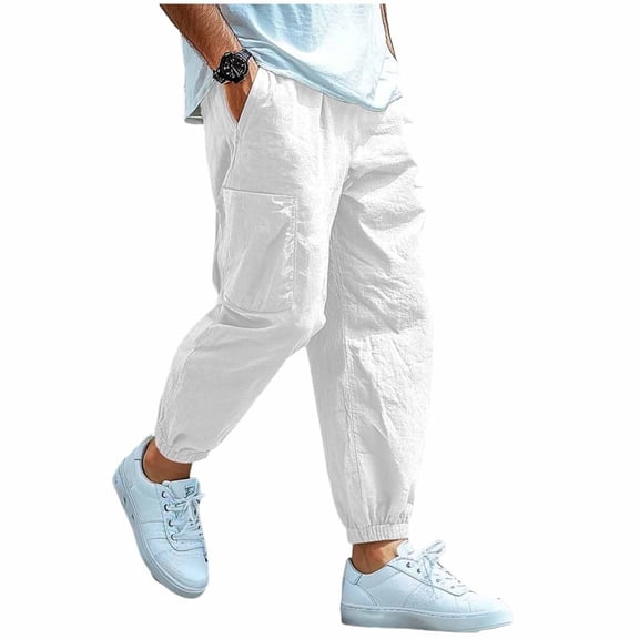 Cargo Pants For Men, Pants for Men Straight Leg Linen Pants Elastic Waist Drawstring Trousers Casual Beach Bussiness Dress Loose Fit Pant with Pockets White XXL